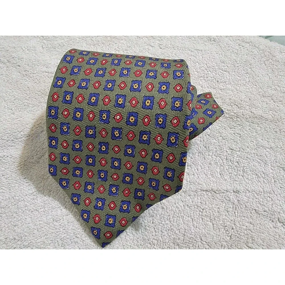 VTG 90s‎ Polo Ralph Lauren green foulard geometric 100% silk hand made tie USA